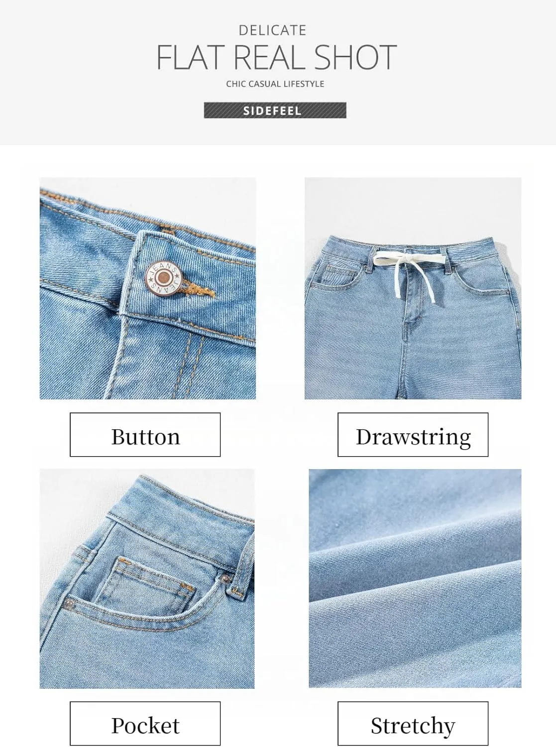 Sidefeel Women's Wide Leg Jeans High Waisted Stretchy Straight Leg Baggy Drawstring Zimbaplatinum Denim Pants