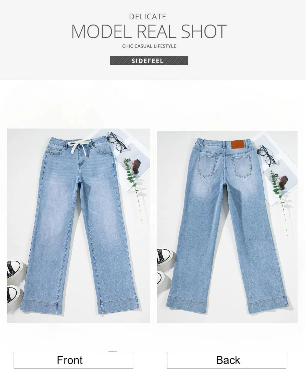 Sidefeel Women's Wide Leg Jeans High Waisted Stretchy Straight Leg Baggy Drawstring Zimbaplatinum Denim Pants