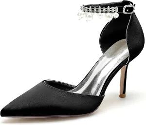 Silk Pearl Wedding Shoes Bride Pointed Toe Ankle Buckle Strap Bridesmaid High Heels Women Bridal Party Pumps 8.5Cm