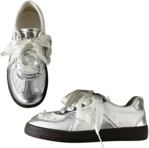 Silver Lace Ribbon Bow Sneakers for Women & Girls - Retro Y2K Ballet Flats with Chunky Platform, Perfect for Campus Chic, Beach Travel & Hiking, Breathable Everyday Minimalist, Kawaii Streetwear