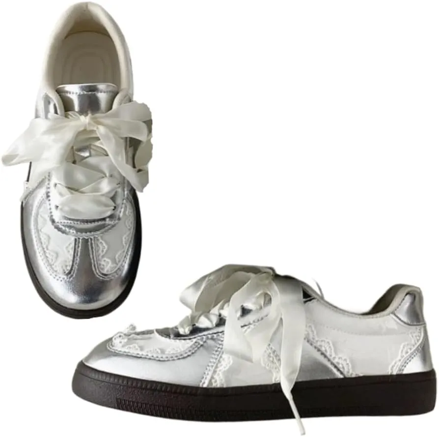 Silver Lace Ribbon Bow Sneakers for Women & Girls - Retro Y2K Ballet Flats with Chunky Platform, Perfect for Campus Chic, Beach Travel & Hiking, Breathable Everyday Minimalist, Kawaii Streetwear