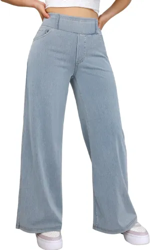 Simple Flavor Women's Wide Leg Jeans High Waisted Stretch Pull-on Baggy Denim Pants with Pockets