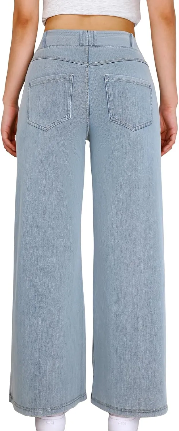 Simple Flavor Women's Wide Leg Jeans High Waisted Stretch Pull-on Baggy Denim Pants with Pockets