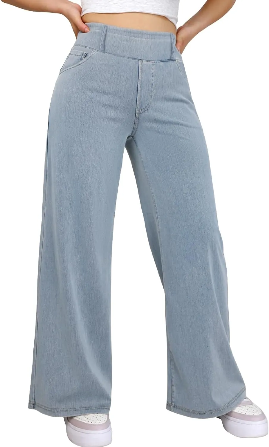 Simple Flavor Women's Wide Leg Jeans High Waisted Stretch Pull-on Baggy Denim Pants with Pockets