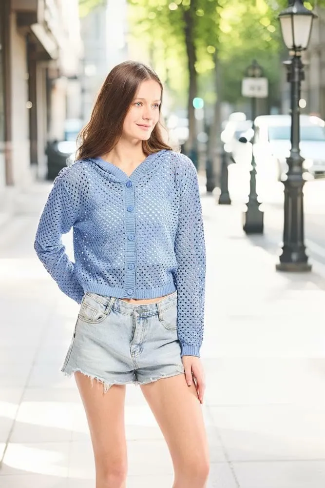 Simple&Opulence Women's Crochet Cardigan Cover Up Lightweight V Neck Summer Mesh Sweater Knit Tops Casual Jacket Hooded