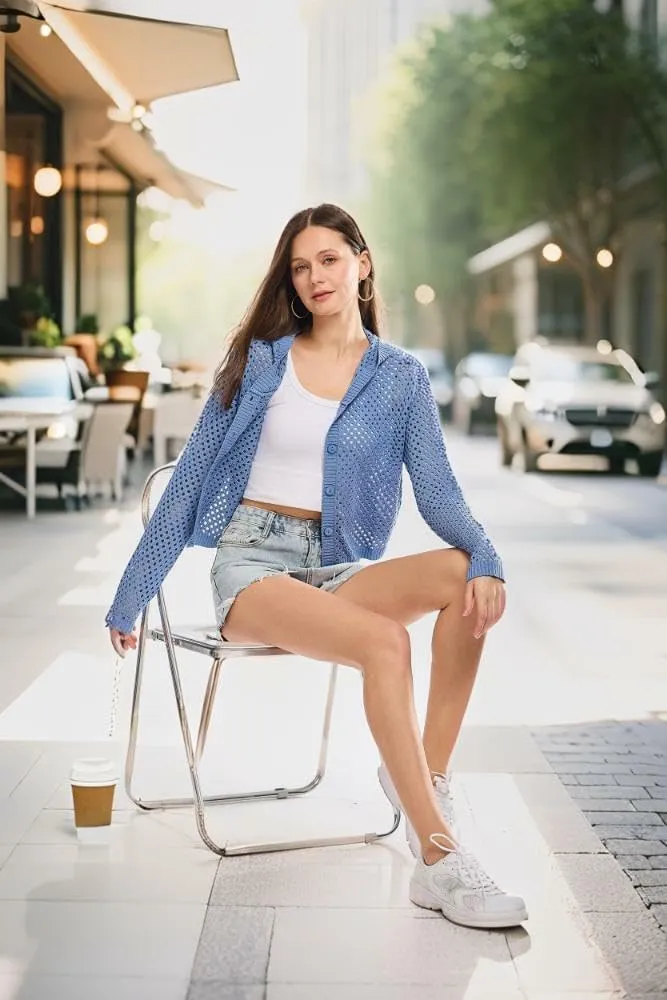 Simple&Opulence Women's Crochet Cardigan Cover Up Lightweight V Neck Summer Mesh Sweater Knit Tops Casual Jacket Hooded