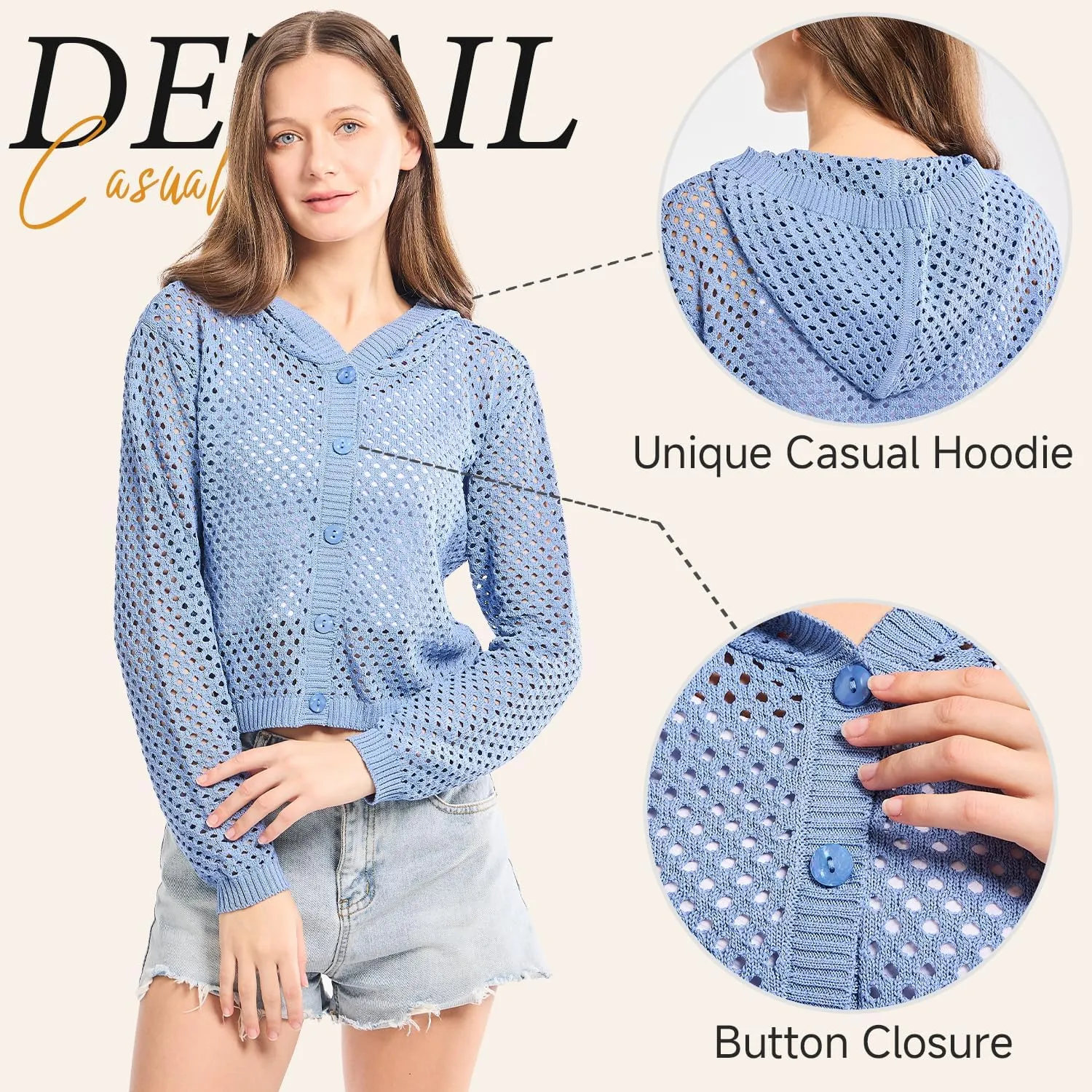 Simple&Opulence Women's Crochet Cardigan Cover Up Lightweight V Neck Summer Mesh Sweater Knit Tops Casual Jacket Hooded