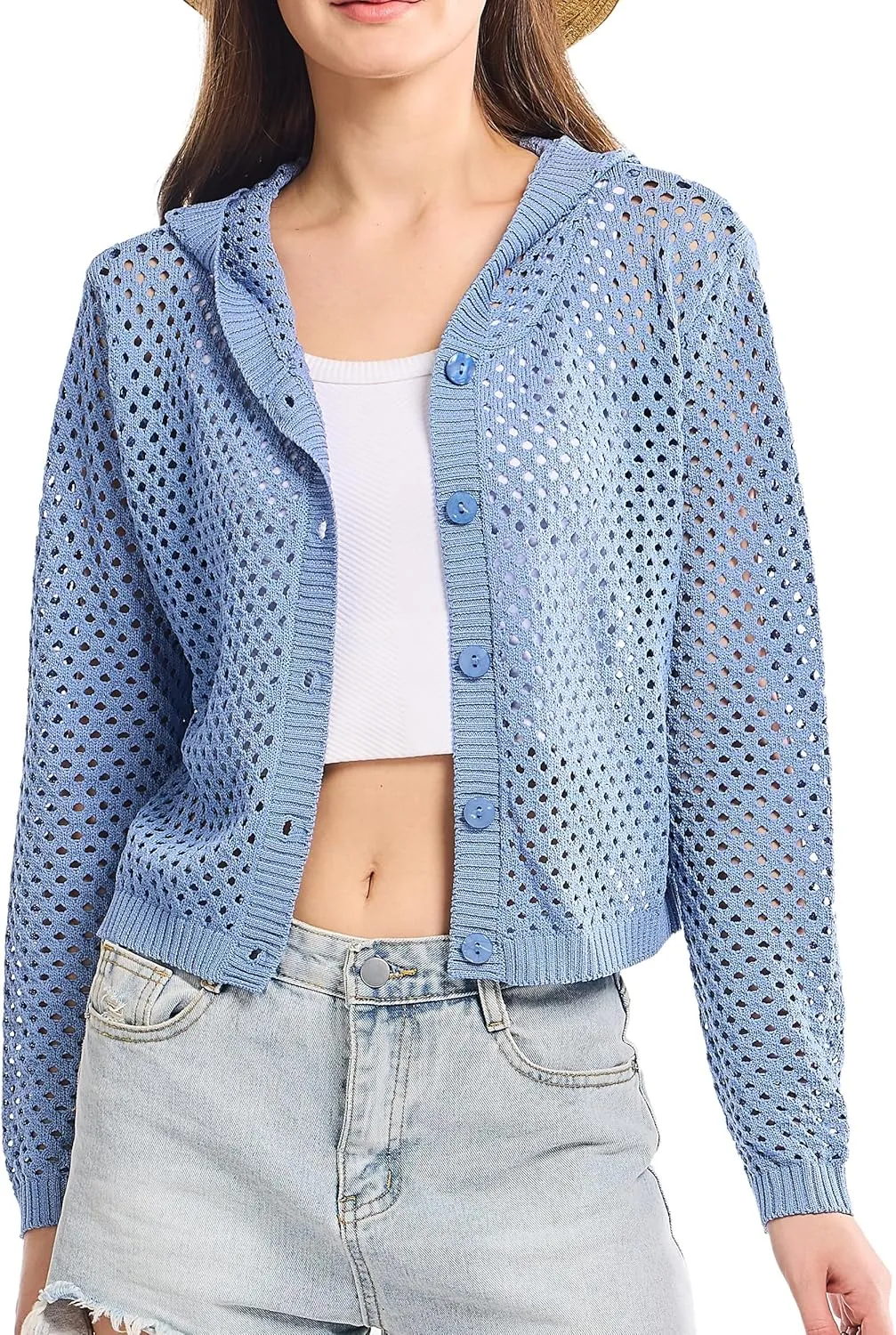 Simple&Opulence Women's Crochet Cardigan Cover Up Lightweight V Neck Summer Mesh Sweater Knit Tops Casual Jacket Hooded