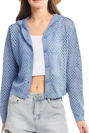 Simple&Opulence Women's Crochet Cardigan Cover Up Lightweight V Neck Summer Mesh Sweater Knit Tops Casual Jacket Hooded