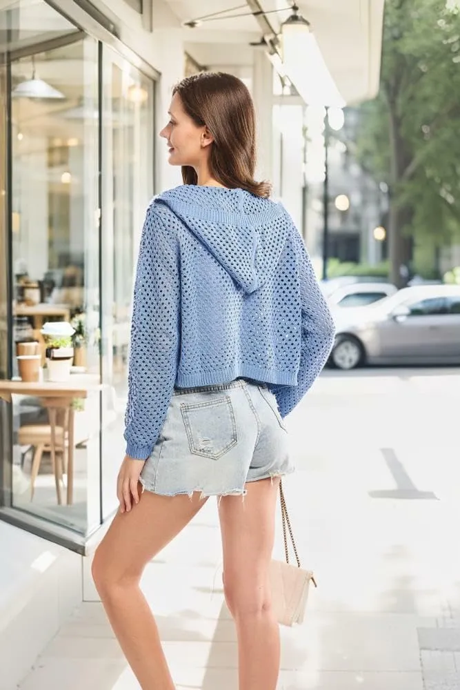 Simple&Opulence Women's Crochet Cardigan Cover Up Lightweight V Neck Summer Mesh Sweater Knit Tops Casual Jacket Hooded