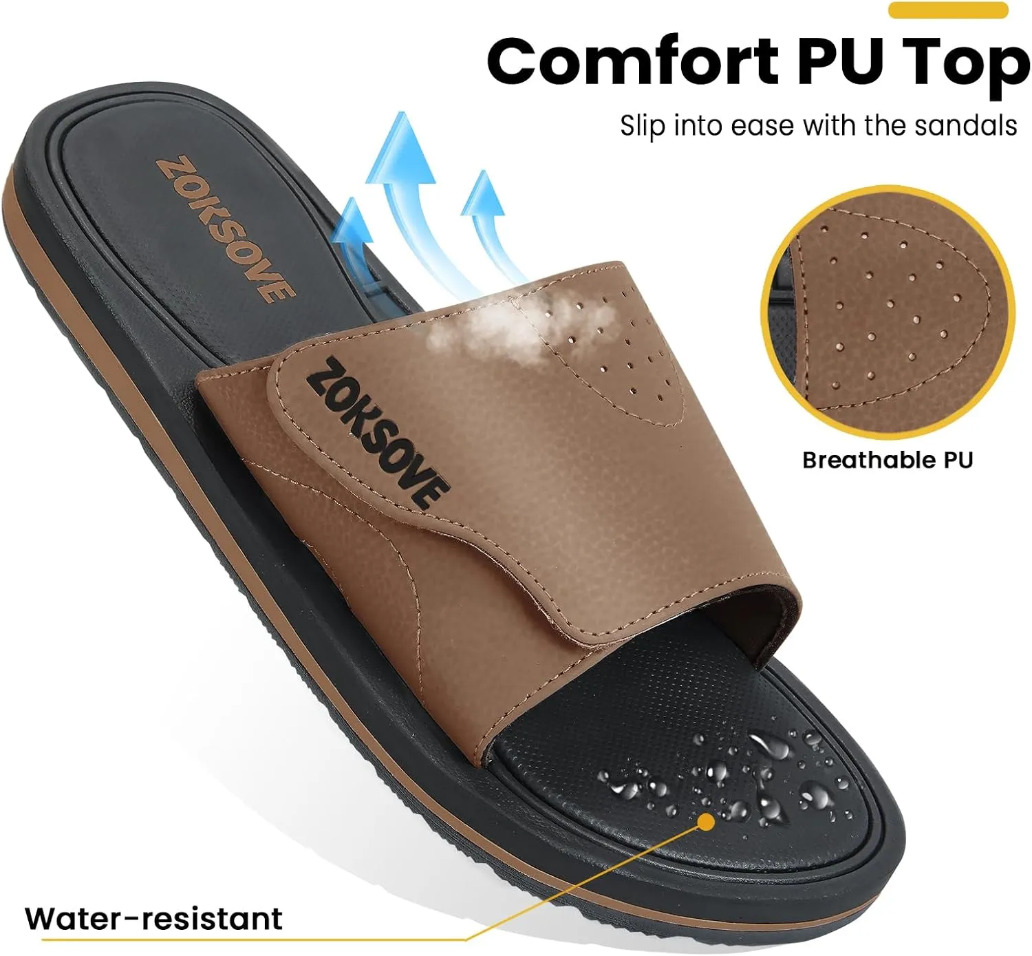 Slides for Men - Adjustable Slide Sandals Slip On- Open Toe Memory Foam Beach Sandals - Comfortable Summer Footwear for indoor/outdoor - Black 7