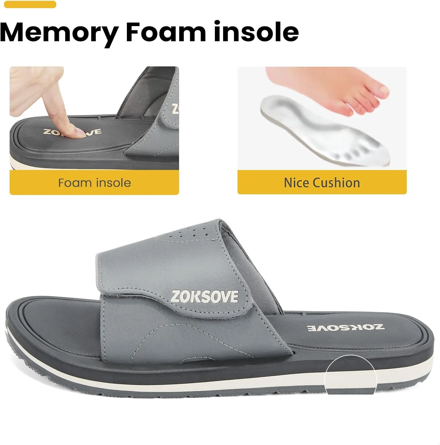 Slides for Men - Adjustable Slide Sandals Slip On- Open Toe Memory Foam Beach Sandals - Comfortable Summer Footwear for indoor/outdoor - Black 7
