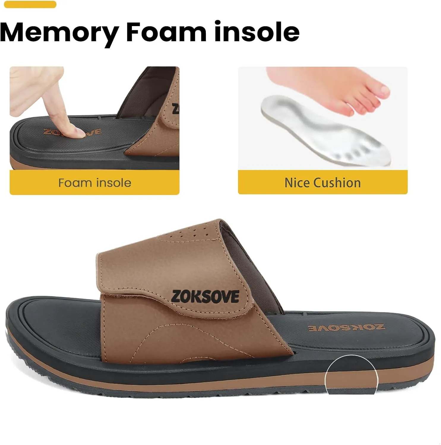 Slides for Men - Adjustable Slide Sandals Slip On- Open Toe Memory Foam Beach Sandals - Comfortable Summer Footwear for indoor/outdoor - Black 7