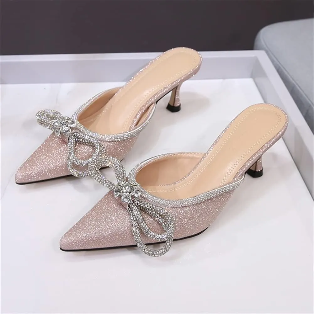Sparkle Double Bow Heeled Mules Crystal-Embellished Slip On Kitten Sandals