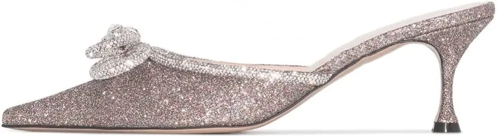 Sparkle Double Bow Heeled Mules Crystal-Embellished Slip On Kitten Sandals