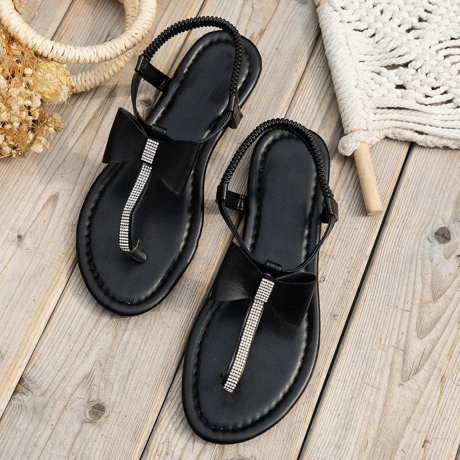 Sparkly Sandals for Women Dressy,Womens Strappy Sandals Comfortable Walking Flip Flops Comfort Walking Slip on Casual Summer Beach Shoes Ankle Elastic 𝐉eweled Bohemian Flat 𝐆ladiator Sandals