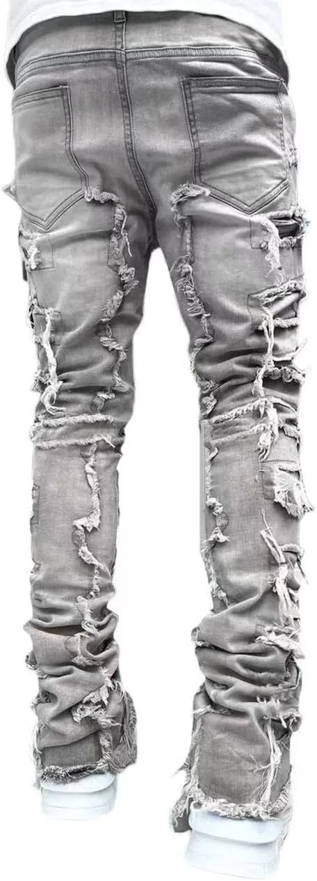 Stacked Jeans Men Skinny Ripped Jeans Slim Fit Denim Pants Y2K Goth Harajuku Emo Jeans Trouser
