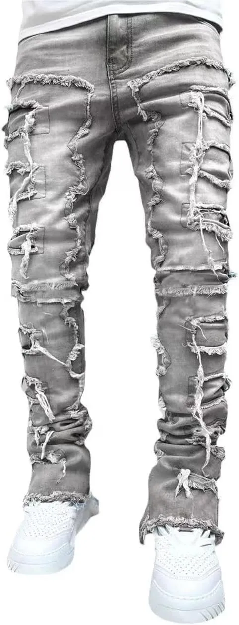 Stacked Jeans Men Skinny Ripped Jeans Slim Fit Denim Pants Y2K Goth Harajuku Emo Jeans Trouser