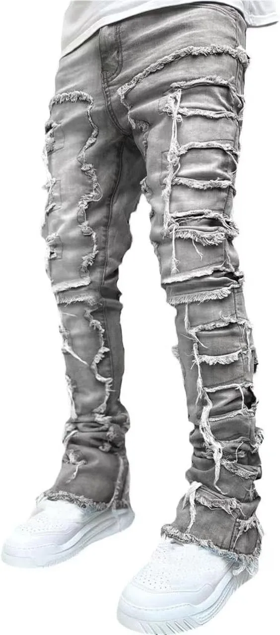 Stacked Jeans Men Skinny Ripped Jeans Slim Fit Denim Pants Y2K Goth Harajuku Emo Jeans Trouser