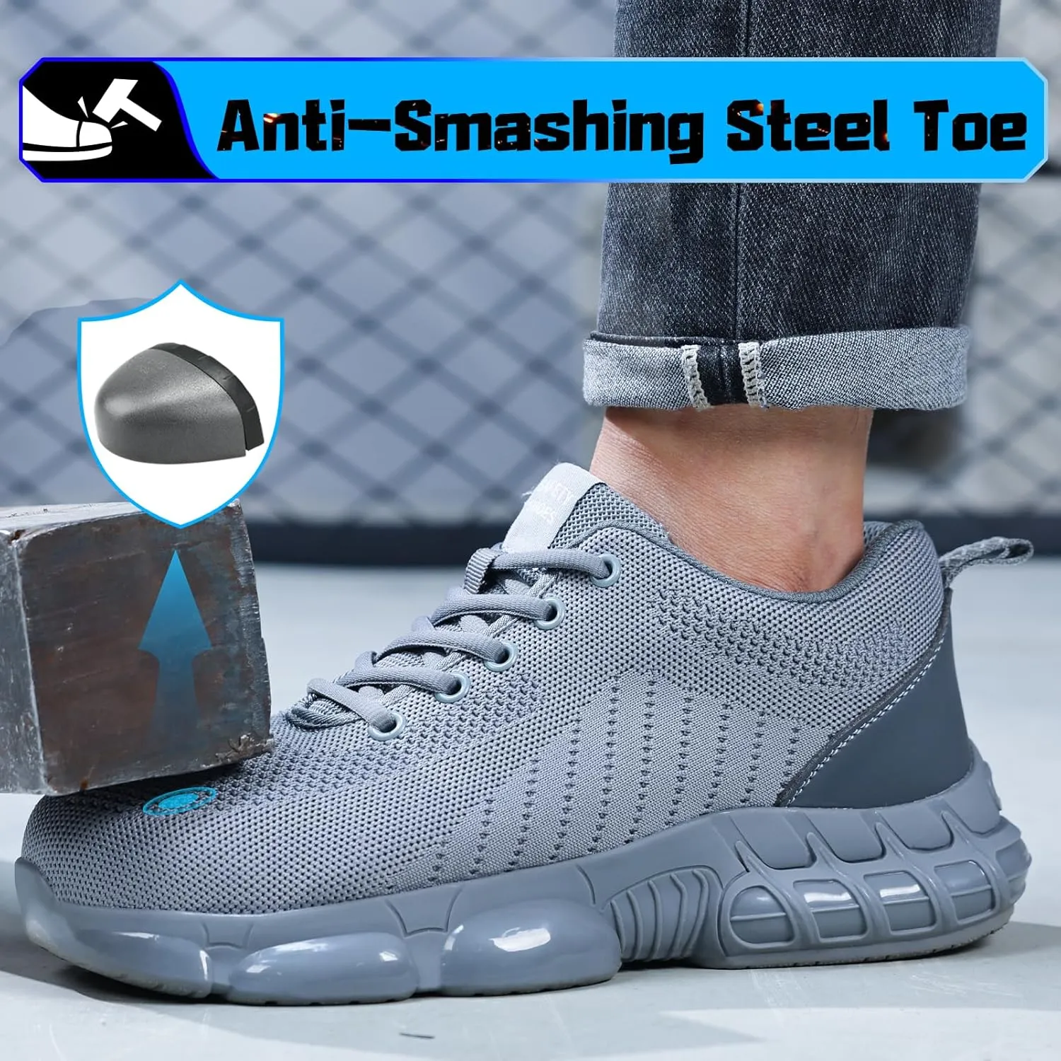 Steel Toe Shoes for Men Lightweight Work Shoes Safety Shoes Air Cushioned Steel Toe Sneakers Indestructible Steel Tennis Toe Shoes Construction Industrial Work Safety Sneakers