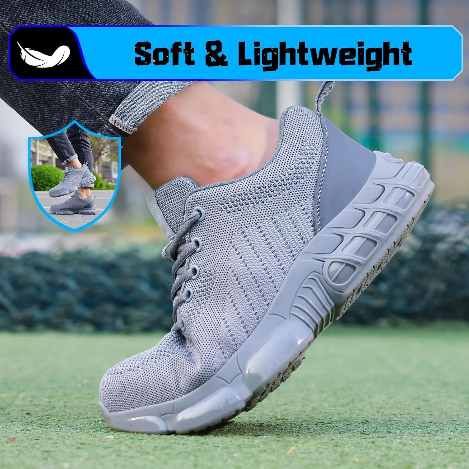 Steel Toe Shoes for Men Lightweight Work Shoes Safety Shoes Air Cushioned Steel Toe Sneakers Indestructible Steel Tennis Toe Shoes Construction Industrial Work Safety Sneakers