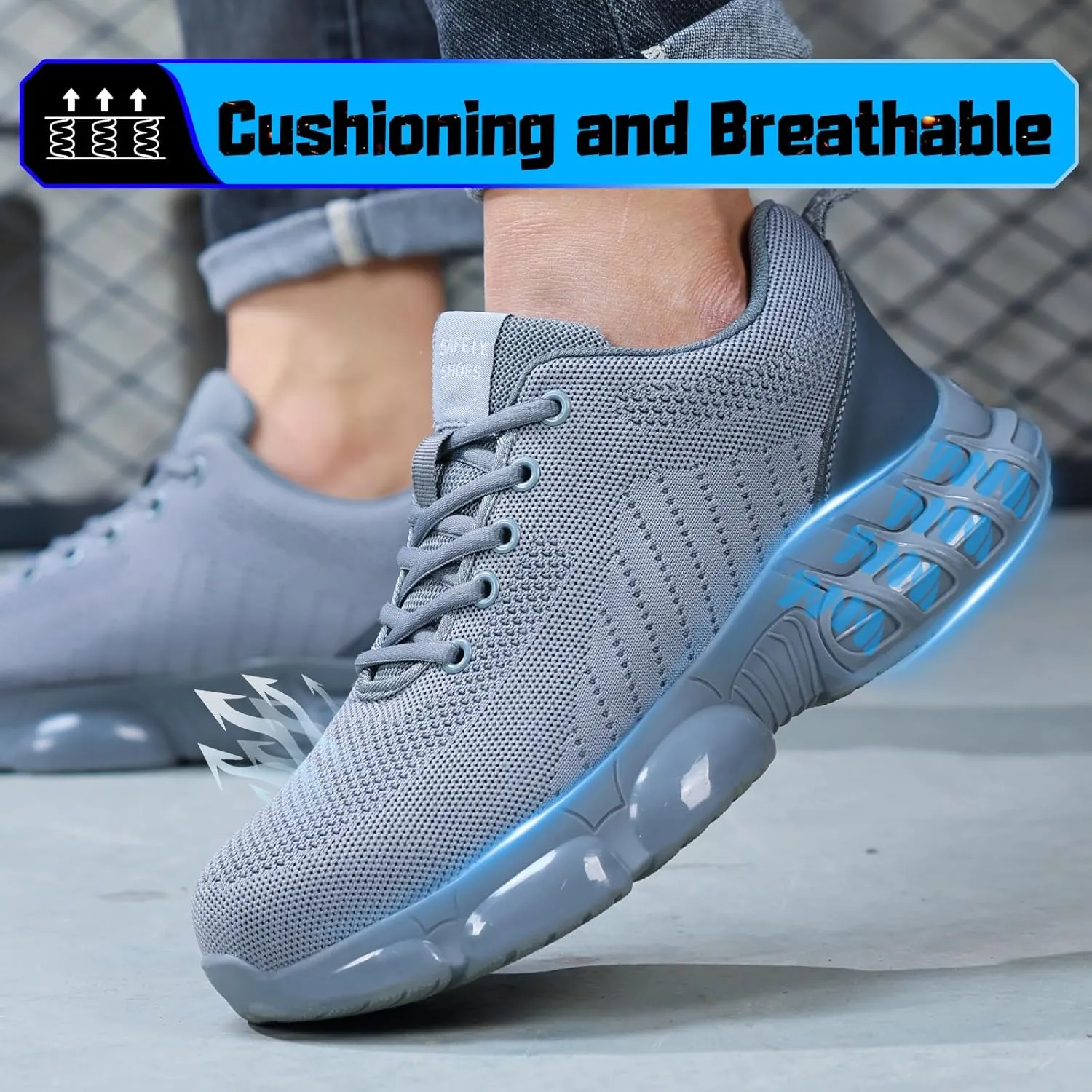 Steel Toe Shoes for Men Lightweight Work Shoes Safety Shoes Air Cushioned Steel Toe Sneakers Indestructible Steel Tennis Toe Shoes Construction Industrial Work Safety Sneakers