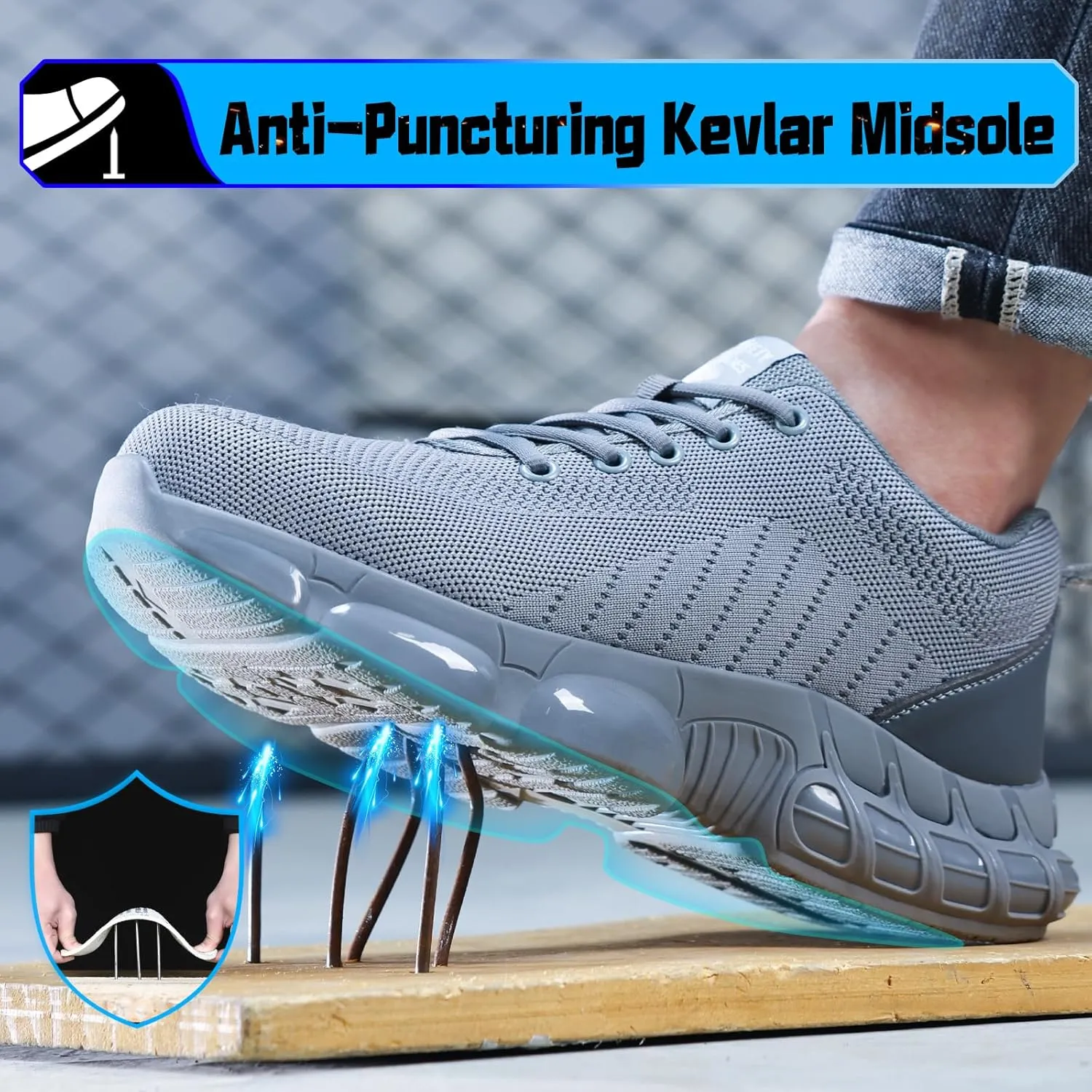 Steel Toe Shoes for Men Lightweight Work Shoes Safety Shoes Air Cushioned Steel Toe Sneakers Indestructible Steel Tennis Toe Shoes Construction Industrial Work Safety Sneakers