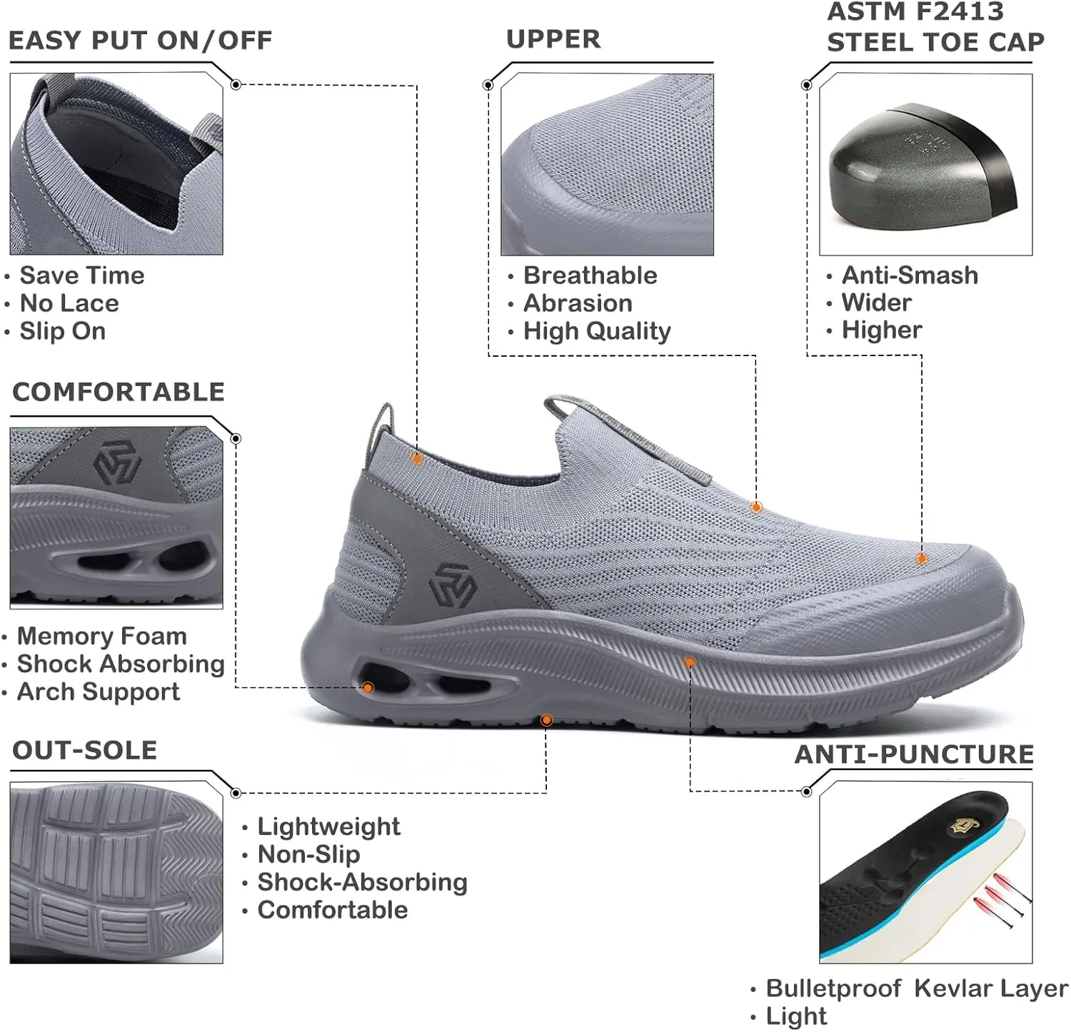 Steel Toe Shoes Men Lightweight Comfortable Work Shoes Slip On Safety Shoe Walking Sneakers Puncture Proof Loafers
