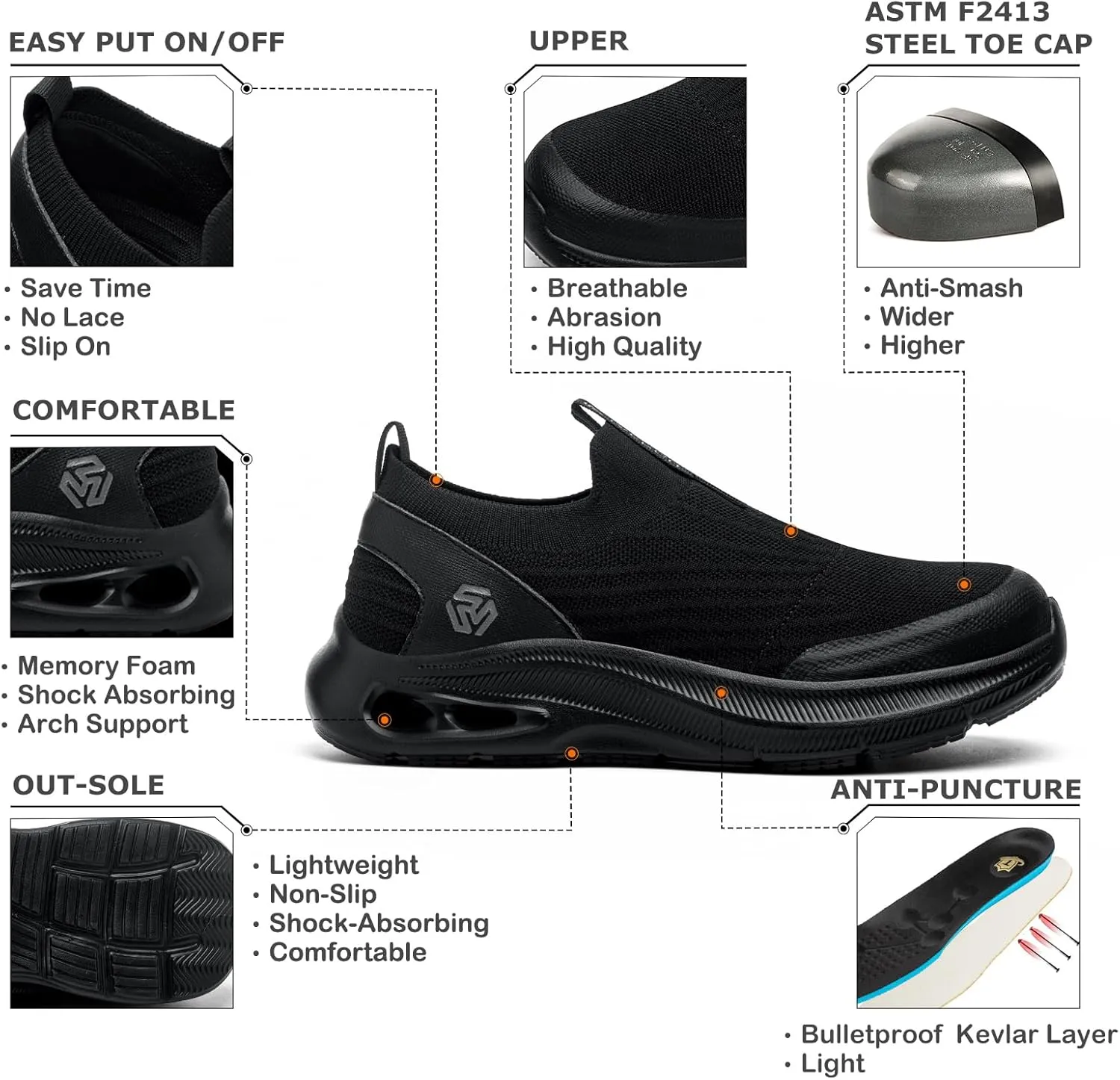 Steel Toe Shoes Men Lightweight Comfortable Work Shoes Slip On Safety Shoe Walking Sneakers Puncture Proof Loafers