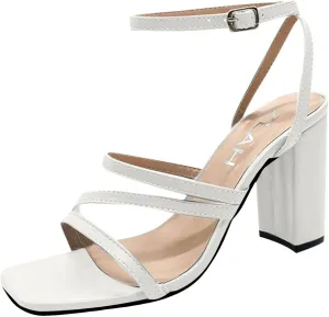 Strappy Heels for Women Square Toe Open Toe Ankle Strap High Heel Sandals Fashionable Comfortable Classic Plus Size Chunky Heel Sandals for Summer Spring Working Ourdoor Wedding