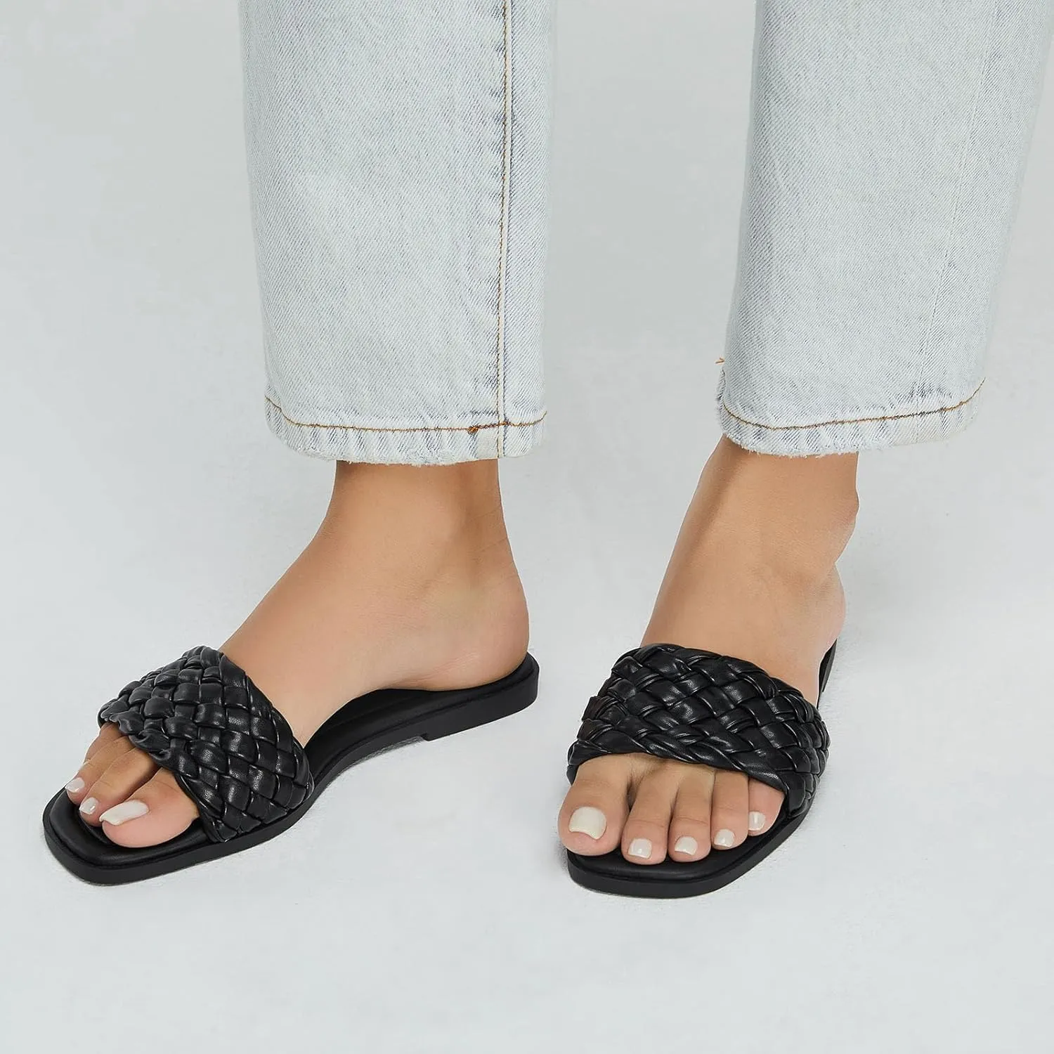 Stratuxx Kaze Women's Braided Strap Sandals Square Open Toe Slide Sandals Slip on Dressy Summer Beach Flats Size 5-11