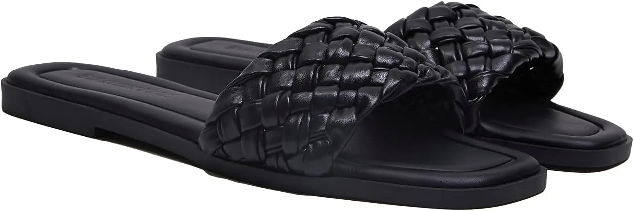 Stratuxx Kaze Women's Braided Strap Sandals Square Open Toe Slide Sandals Slip on Dressy Summer Beach Flats Size 5-11