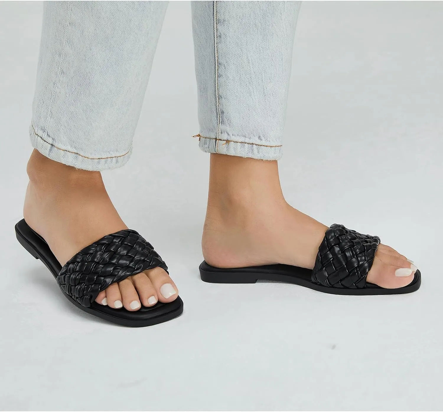Stratuxx Kaze Women's Braided Strap Sandals Square Open Toe Slide Sandals Slip on Dressy Summer Beach Flats Size 5-11
