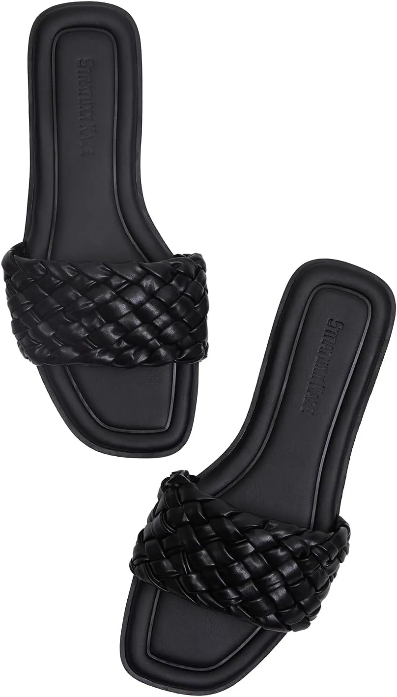 Stratuxx Kaze Women's Braided Strap Sandals Square Open Toe Slide Sandals Slip on Dressy Summer Beach Flats Size 5-11