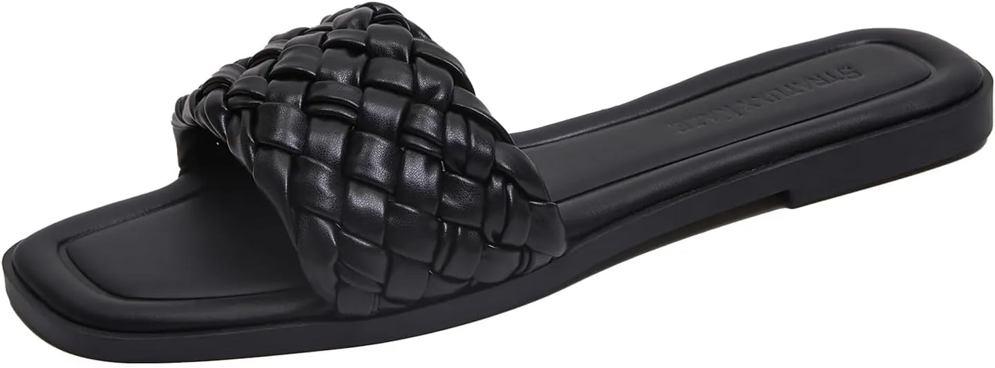 Stratuxx Kaze Women's Braided Strap Sandals Square Open Toe Slide Sandals Slip on Dressy Summer Beach Flats Size 5-11