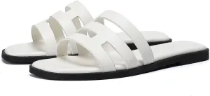 Stratuxx Kaze Womens Flat Sandals Dressy Summer Slide Dress Sandals Comfortable Cute Leather Black Sandals for Women