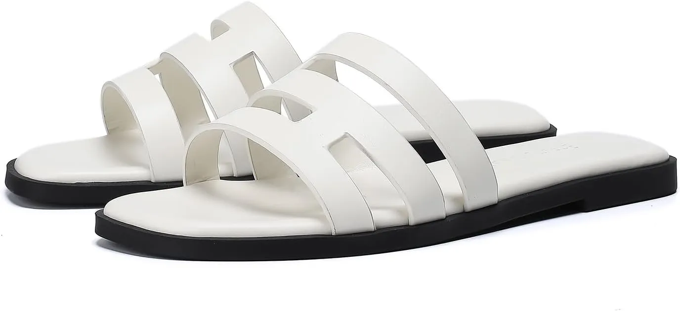 Stratuxx Kaze Womens Flat Sandals Dressy Summer Slide Dress Sandals Comfortable Cute Leather Black Sandals for Women