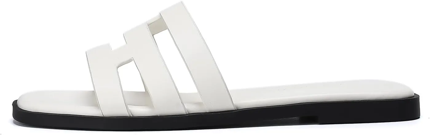 Stratuxx Kaze Womens Flat Sandals Dressy Summer Slide Dress Sandals Comfortable Cute Leather Black Sandals for Women