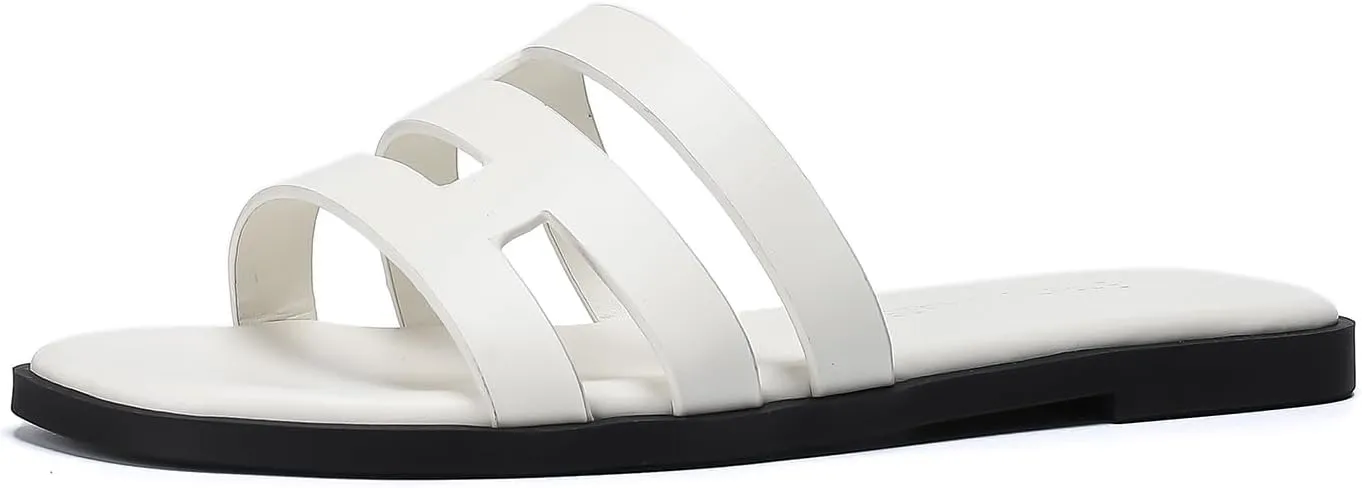 Stratuxx Kaze Womens Flat Sandals Dressy Summer Slide Dress Sandals Comfortable Cute Leather Black Sandals for Women