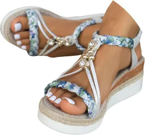 Summer Sandals for Women 2025 Boho,Bohemian Ankle Strap Low Heel Sandal Jeweled Roman Womens Wide Width Platform Wedge Heels Comfortable Espadrille Beach Open Toe Vintage Casual Elastic Walking Shoes
