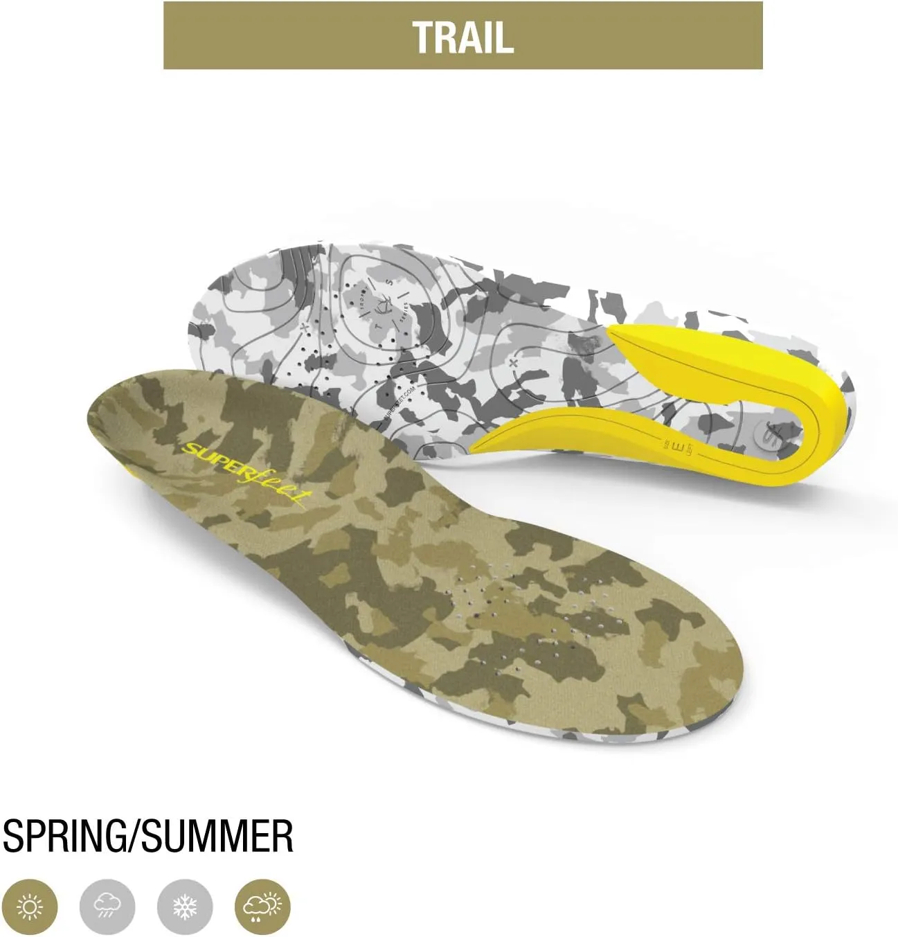Superfeet TRAIL Warm Weather Cushioned Orthotic Support Camo Insoles for Hiking and Hunting Boots, Unisex, Coyote Camo