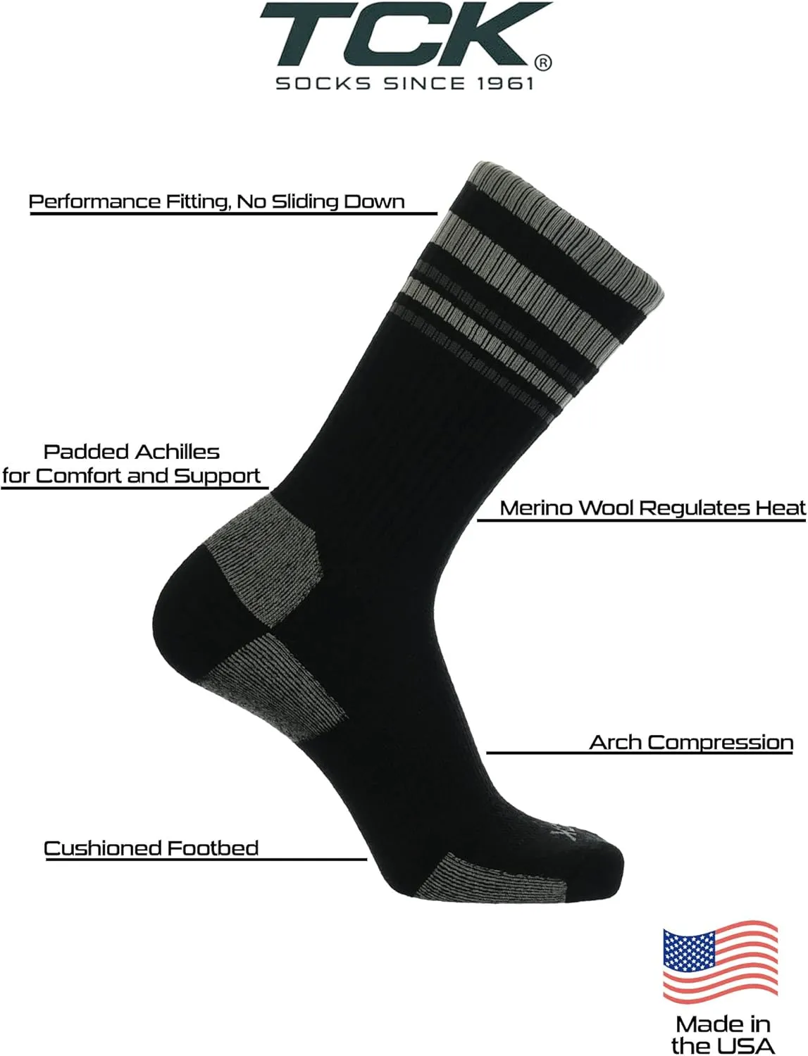 TCK Merino Wool Socks for Men & Women for hiking, hunting, mountain biking - crew length for boots