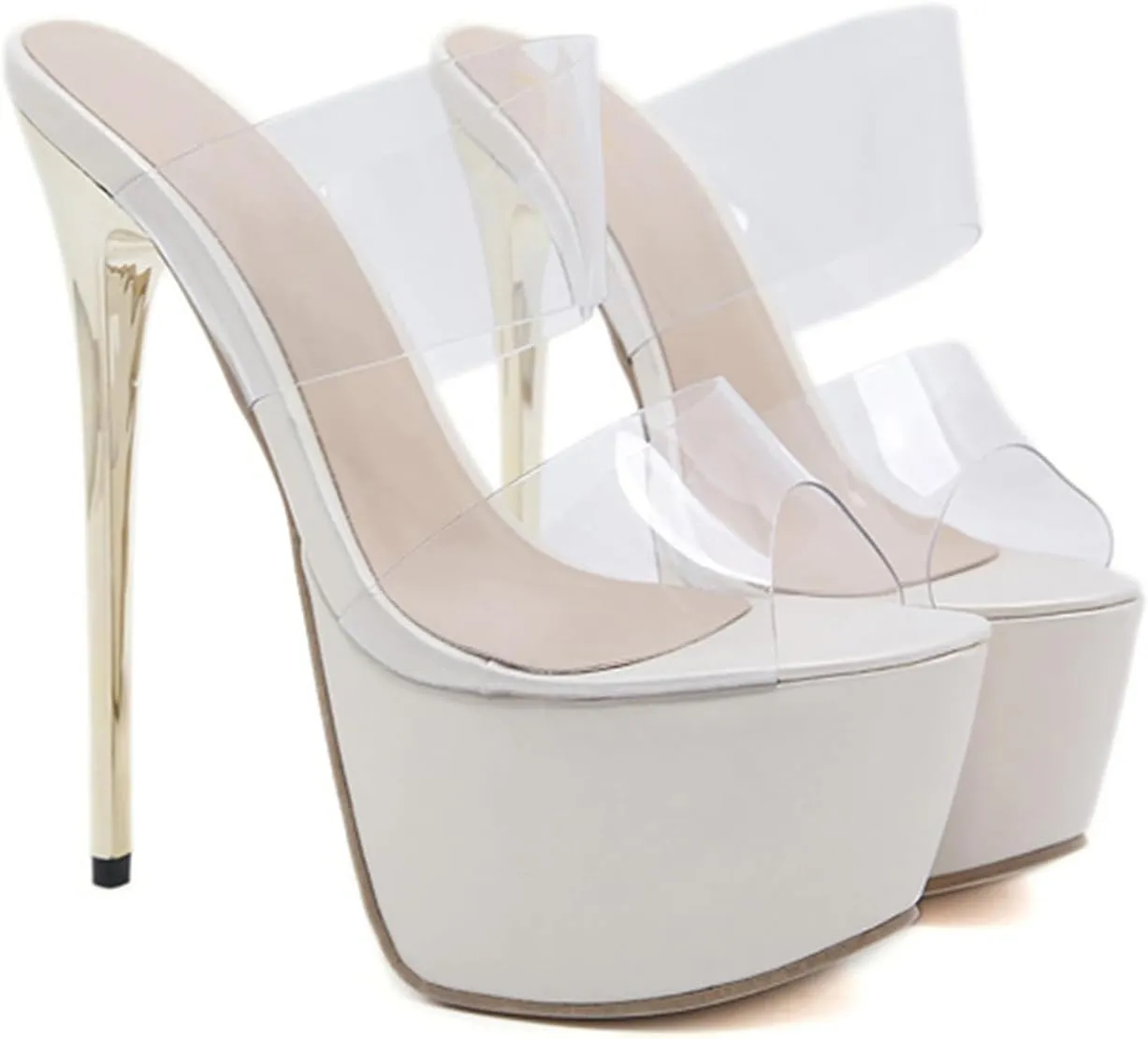 TDA Womens Stiletto Heels Mules Sandals Sexy Transparent Slingback Platform Dress Sandals
