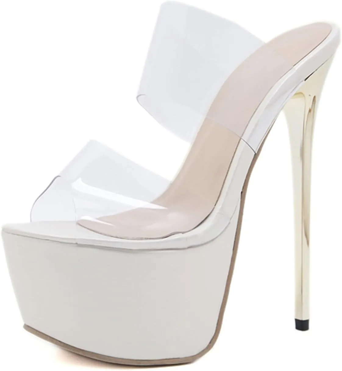 TDA Womens Stiletto Heels Mules Sandals Sexy Transparent Slingback Platform Dress Sandals