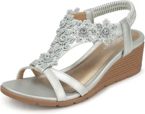 TEMOFON Women's Low Wedge Heels Summer Dressy Platform Sandals Elastic Ankle Strap Open Toe Flower Shoes