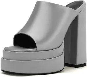 THESHY Women's Platform Chunky Block Heel Peep Toe Sandals Satin Slip on Wedge Heeled Sandals Fashion Mules for Women