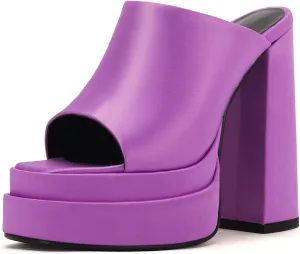 THESHY Women's Platform Chunky Block Heel Peep Toe Sandals Satin Slip on Wedge Heeled Sandals Fashion Mules for Women