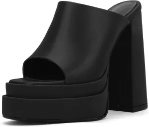 THESHY Women's Platform Chunky Block Heel Peep Toe Sandals Satin Slip on Wedge Heeled Sandals Fashion Mules for Women