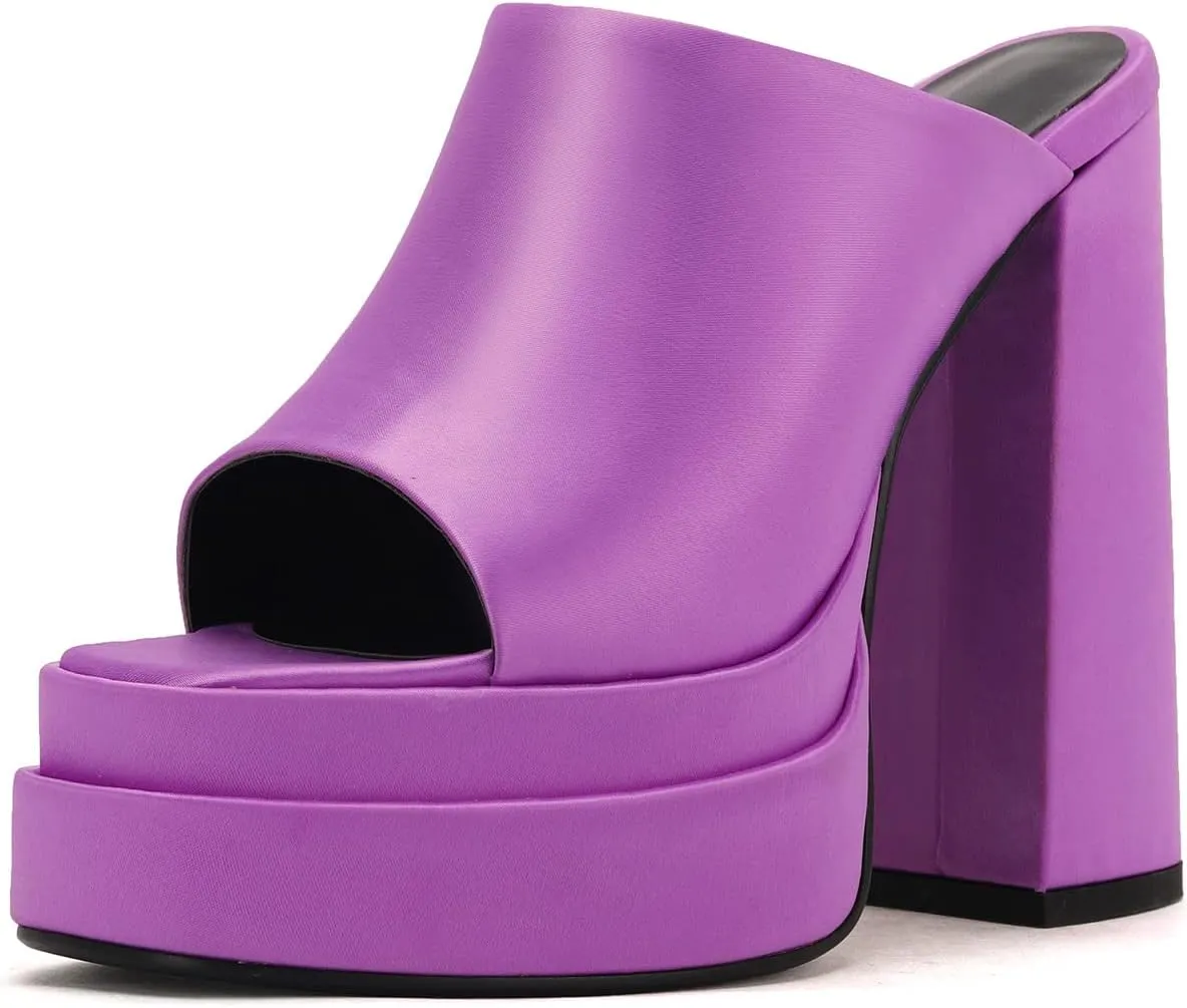 THESHY Women's Platform Chunky Block Heel Peep Toe Sandals Satin Slip on Wedge Heeled Sandals Fashion Mules for Women