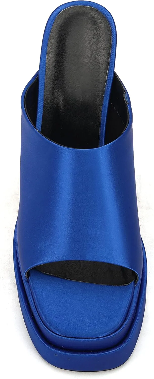 THESHY Women's Platform Chunky Block Heel Peep Toe Sandals Satin Slip on Wedge Heeled Sandals Fashion Mules for Women